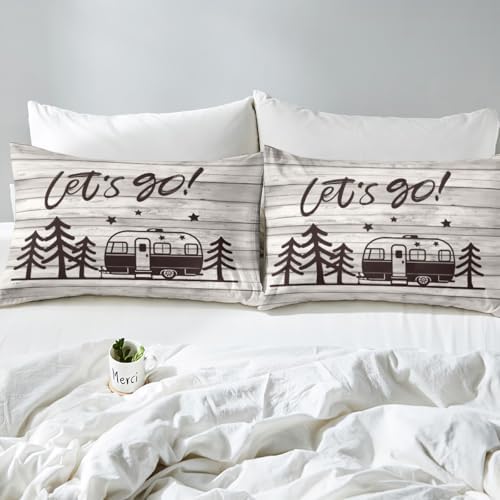 Happy Camping Duvet Cover Queen Size Travel Car and Tree Comforter Cover with 2 Pillowcase for Teens Kids Camper Bedding Set Vintage Wood Panels Breathable 3 Pcs Decorative Bed Cover(No Comforter) - Image 7