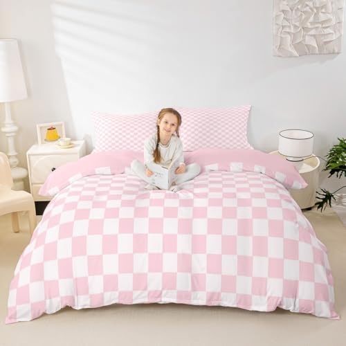 Pink Grid Duvet Cover Set Twin Size,Pink White Checkered Bedding Set 2Pcs for Kids Girls Teens Women Room Decor,Geometric Plaid Printed Comforter Cover Soft Sweet Girly Quilt Cover,1 Pillowcase - Image 4