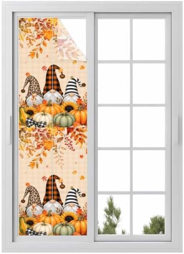 Window Privacy Film Frosted, Thanksgiving Fall Reusable Static Cling Window Tints, Gnomes Pumpkin Flower Maple Leaf Plaid Heat Control Windows Films for Offices, Balcony, 29.5 x 118 Inches by Unknown