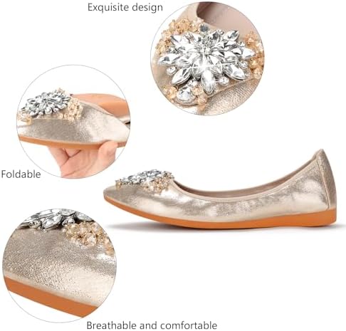 KUNWFNIX Women Ballet Flats Rhinestone Wedding Ballerina Shoes Foldable Sparkly Comfort Slip on Flat Shoes - Image 3