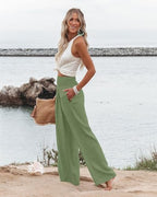 Angerella Womens Elastic High Waisted Palazzo Pants Casual Wide Leg Long Lounge Pant Trousers with Pocket - Image 4