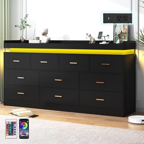 jiteentarou 10 Drawer Dresser with Charging Station and LED Lights, Modern Chest of Drawers with Power Outlet, Organizer Cabinet for, Living Room, Entryway, Black by jiteentarou