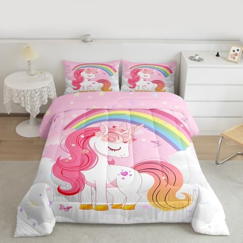 Erosebridal Unicorn Girls Bedding Set King | Kids Rainbow Unicorn Comforter Set Kawaii Cute Reversible Stars Butterfly Quilt Comforter Teens Children Adults Cartoon Room Decor All Season,3 Pcs - Image 3