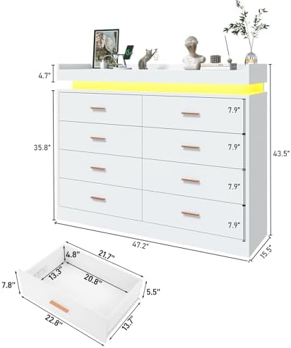 jiteentarou 8 Drawer Dresser with Charging Station and LED Lights, Modern Chest of Drawers with Power Outlet, Organizer Cabinet for Bedroom, Living Room, White - Image 2