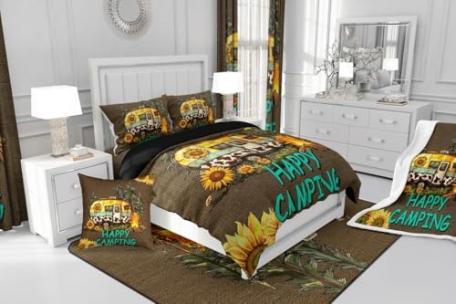 Erosebridal RV Camper Queen Comforter Set,Happy Camping Bedding Sets for Travel Trailer,Farmhouse Sunflower Quilt Bed Set for Kids Adults,Country Floral Bedroom Decor,2 Pillowcases Lightweight - Image 6