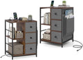 Giantex Industrial Nightstand Set 2 with Charging Station, End Side Table w/3 Fabric Drawers, Side Storage Pockets, Open Shelves, Metal Frame, Rustic Bedside Table Night Stand for Bedroom Entryway (2) by Giantex