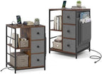 Giantex Industrial Nightstand Set 2 with Charging Station, End Side Table w/3 Fabric Drawers, Side Storage Pockets, Open Shelves, Metal Frame, Rustic Bedside Table Night Stand for Bedroom Entryway (2) by Giantex