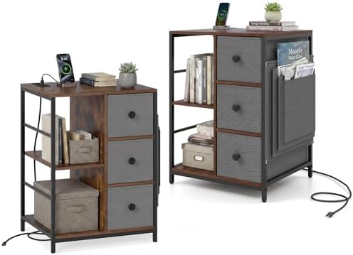 Giantex Industrial Nightstand Set 2 with Charging Station, End Side Table w/3 Fabric Drawers, Side Storage Pockets, Open Shelves, Metal Frame, Rustic Bedside Table Night Stand for Bedroom Entryway (2) by Giantex