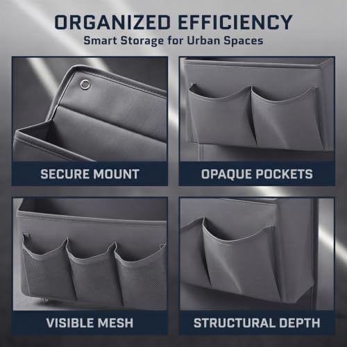 2 Pcs Wall Hanging Organizer with 4 Hooks, Oxford Fabric Over the Door Organizer with Mesh Pockets, Space Saving Storage Bag for Bedside Dormitory Bedroom, Books and Electronics, Grey - Image 3