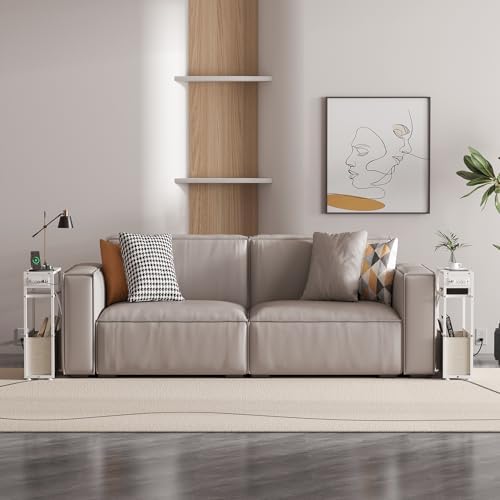 Leomonio White Side Table with Charging Station, Slim End Tables with Linen Basket, Skinny Table for Small Spaces, Thin Bedside Table for Living Room, Bedroom - Image 7