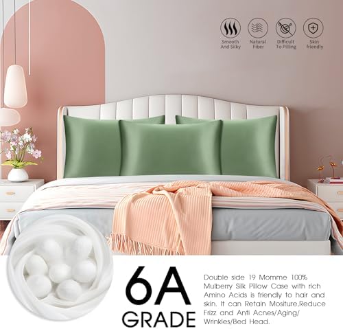 100% Mulberry Silk Pillowcase for Hair and Skin,Both Sides Natural Silk Bed Pillow Case with Hidden Zipper,19 Momme Grade 6A,1pc,Sage Green,Standard Size 20x26 Inches - Image 4