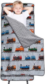 Viviland Toddler Nap Mat with Pillow and Minky Blanket,Rolled Large Sleeping Mat for Boys,Kids Slumber Bag Nap Mat for Preschool, Daycare, Kindergarten, Travel Camping - Train Magic by VIVILAND