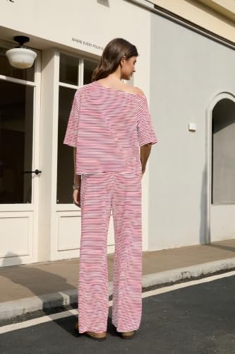 Ythomm Striped Pajama Sets Womens Two Piece Lounge Outfits Short Sleeve Off Shoulder Shirts Drawstring Pants Matching Pj Sets - Image 3