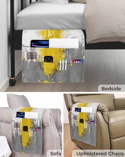 Sofa Armrest Organizer Bedside Caddy, Yellow Cement Gray Non Slip Couch Remote Control Holder for Recliner, Modern Abstract Art Yellow Armchair Caddy with Pocket for Magazine, Phone, 19.7"x35" - Image 5