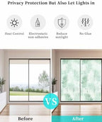 Window Privacy Film Frosted, Light Green Botanical Non-Adhesive Static Cling Window Tint, Summer Palm Leaves Foliage Tropical Insulated Windows Frosted Films for Living Room, 35.4 x 78.7 Inches - Image 6