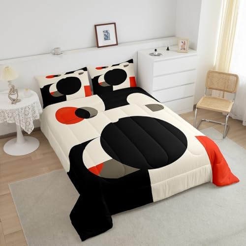 Erosebridal Retro Red Black and Gray Comforter Set Twin Size,Abstract Geometric Aesthetic Bedding Set for Kids Adults Bedroom Decor,Circle Square Quilt Bed Set Down Comforter 2Pcs - Image 3