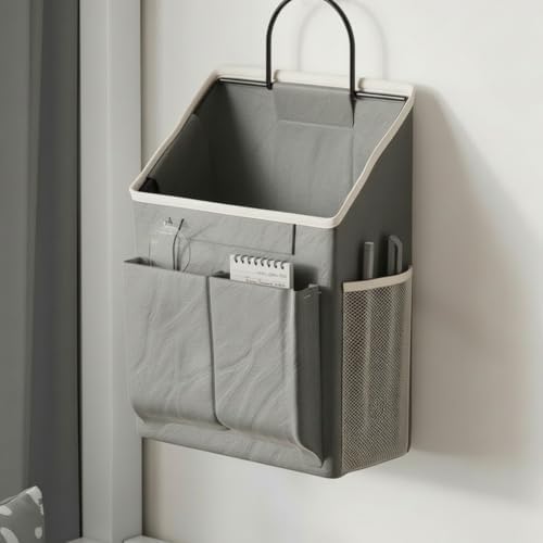 Wall-Mounted Hanging Storage Organizer Space-Saving Hanging Storage Organizer with Metal Hook Bedside Pocket for Bunk Beds, Cream - Image 5