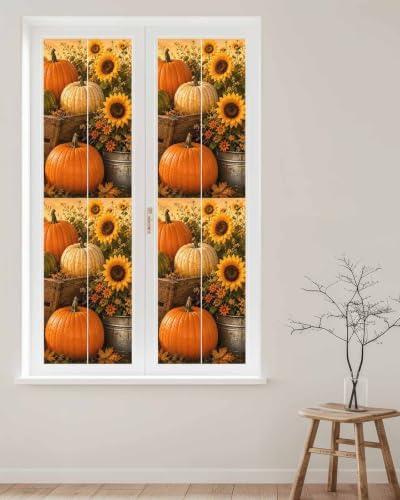 Window Privacy Film Frosted, Fall Pumpkins Reusable Static Cling Window Tints, Thanksgiving Autumn Sunflowers Orange Heat Control Windows Films for Offices, Balcony, 29.5 x 118 Inches - Image 2