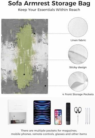 Sofa Armrest Organizer Bedside Caddy, Sage Green Cement Gray Non Slip Couch Remote Control Holder for Recliner, Modern Abstract Art Green Armchair Caddy with Pocket for Magazine, Phone, 19.7"x35" - Image 2
