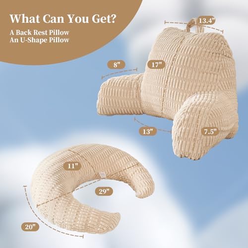 19" Reading Pillow for Bed,U Shaped Arm & Elbow Support,White Corduroy - Image 3