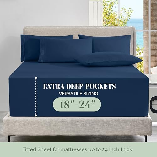 Elegant Comfort Luxury Soft 6-Piece 1500 Premium Hotel Quality Bed Sheet Set with Extra Deep Pockets 18-24 Inch, Wrinkle Free, Storage Pockets, Extra Deep Pocket 6PC Sheets, Cal King, Navy Blue - Image 4