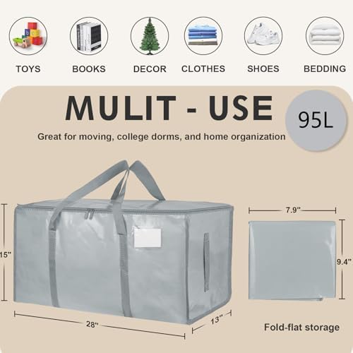 6 Pack-Extra Large Heavy Duty Moving Bags - Waterproof Storage Totes with Handles & Zippers, Foldable for College Dorm, Storage (light gray) - Image 2