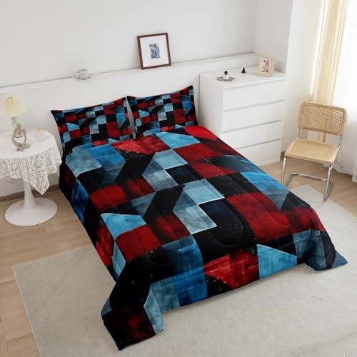Erosebridal Red Black Blue Toddler Bedding Set,Geometric Abstract Aesthetic Comforter Set for Kids Room Decor,Retro Grunge Colorful Quilt Bed Set Down Comforter 2Pcs - Image 3