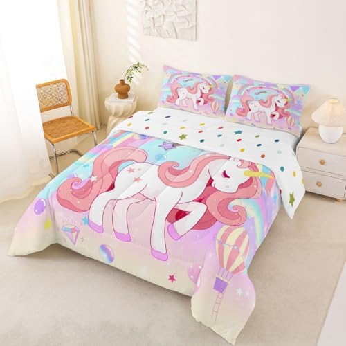 Erosebridal Unicorn Full Bedding Sets for Girls Cute Rainbow Unicorn Comforter Set Bedroom Decor for Girls Kids Horse Duvet Set Ombre Bedding Stars Magical Animal Down Comforter Reverse 3Pcs - Image 3