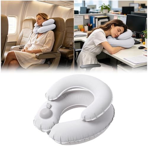 Double-Layer Inflatable Neck Pillow, Press-to-Inflate U-Shaped Pillow, Portable Neck Support for Office Trip Travel, White - Image 5