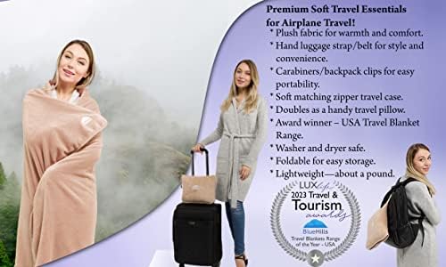 BlueHills Travel Blanket Pillows for Two Airplane Traveling Essentials Flight Throws in Bag case with Backpack Clip Compact Large Plane Accessories – Beige and Brown - Image 2