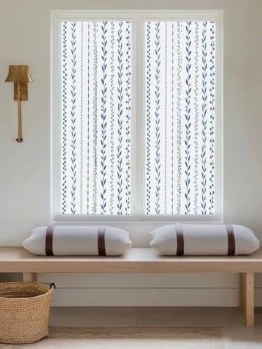 Window Privacy Film Frosted, Modern Minimalist Reusable Static Cling Window Tints, Light Blue Rustic Leaves Stripes Heat Control Windows Films for Offices, Balcony, 29.5 x 118 Inches - Image 5