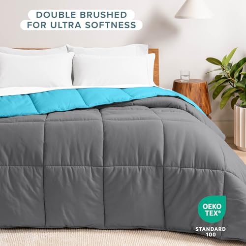 Bare Home Reversible Comforter (Queen, Grey/Aqua) - Image 3