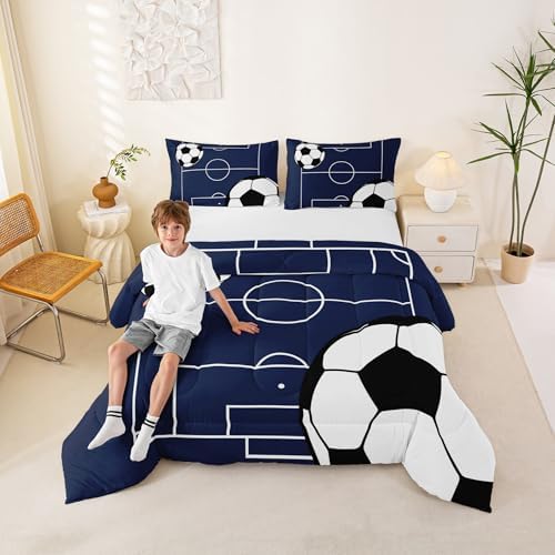 Kids Football Comforter Set Queen Size Soccer Ball Pattern White Comforter for Boys Girls Bedroom Sports Theme Bedding Set Football Court Duvet Set with 2 Pillowcases Breathable Polyester Quilt Set - Image 4