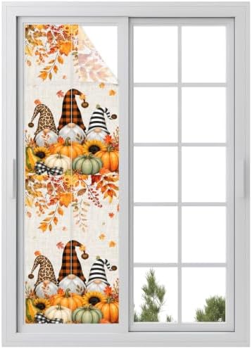 Window Privacy Film Frosted, Thanksgiving Reusable Static Cling Window Tints, Gnomes Pumpkin Sunflower Maple Leaves Linen Heat Control Windows Films for Offices, Balcony, 29.5 x 118 Inches by Unknown