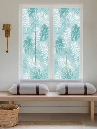Window Privacy Film Frosted, Teal Green Palm Trees Tropical Reusable Static Cling Window Tints, Summer Beach Botanical Heat Control Windows Films for Offices, Balcony, 29.5 x 118 Inches - Image 5