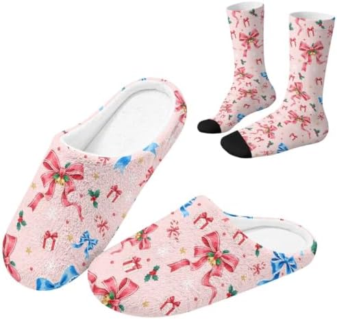 Jeiento Winter Fuzzy Slipper and Crew Socks for Women,Adult Slip-on Close Toe House Slipper,Flat Comfort home Slides by Jeiento