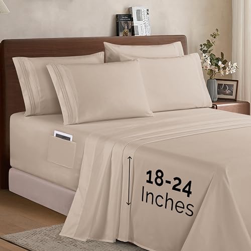 Elegant Comfort 1500 Premium Quality 6-Piece Bed Sheet Set - 18-24 Inch Extra Deep Pocket, Smart Storage Pockets, Wrinkle Free Ultra Soft 6PC Extra Deep Pocket Sheets, Full, Cream - Image 2