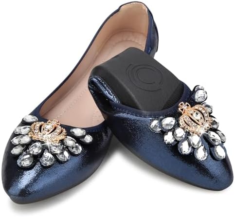 KUNWFNIX Women's Ballet Flats Foldable Classic Crown Rhinestone Slip On Bowknot PU Leather Faux Suede Pointed Toe Comfort Flat Casual Dress Shoes by KUNWFNIX