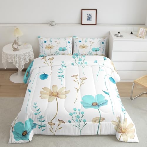 Erosebridal Watercolor Floral Bedding Set Twin Size, Light Blue Beige Flower Comforter Set for Teens Adult Women, White Modern Minimalist Quilt Plant Branches Pastoral Duvet Insert, 1 Pillow Case - Image 2