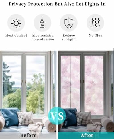 Window Privacy Film Frosted, Pink Botanical Reusable Static Cling Window Tints, Summer Palm Leaves Foliage Tropical Heat Control Windows Films for Offices, Balcony, 29.5 x 118 Inches - Image 6