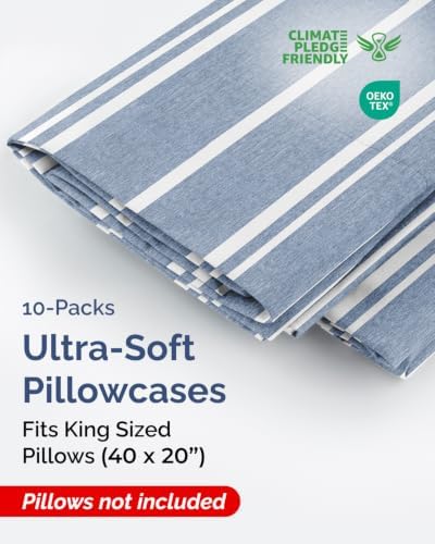 King Pillow Cases - 10 Pack Pillowcase Covers - 20" x 40" (Blue Stripes) - Image 2