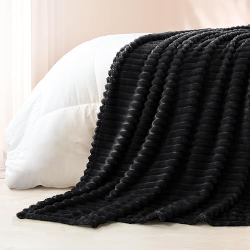 Exclusivo Mezcla Striped California King Fleece Bed Blanket, Black - Image 5