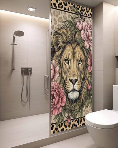 Window Privacy Film Frosted, Lion Print Static Cling Door Window Covering, Vintage Peony Flower Chic Wild Animals Texture UV Blocking Windows Film for Office, Hotel, Bedroom, 29.5 x 78.7 Inches - Image 3