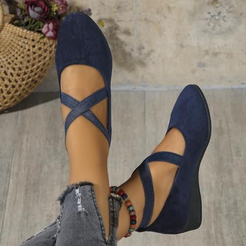 Women's Crisscross Strap Wedge Shoes,Womens Round Toe Ballet Wedge Dress Shoe Elegant Suede Comfy Slip-On Pump - Image 2