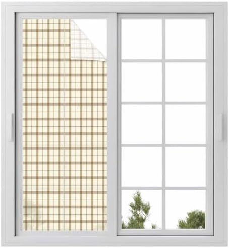 Window Privacy Film Frosted, Beige Brown Plaid Static Cling Door Window Covering, Vintage Farmhouse Checkered Rustic UV Blocking Windows Film for Office, Hotel, Bedroom, 29.5 x 78.7 Inches by Unknown
