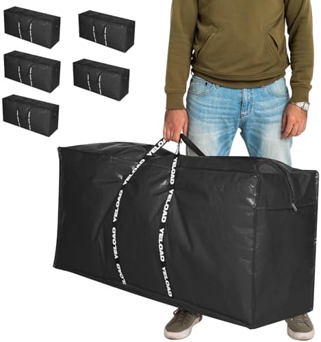 66 Gallon Extra Large Storage Bags 6 Pack – Black XXL Heavy Duty Waterproof Moving Tote Bags for College Dorm, Travel, Clothes & Bedding Foldable Zippered Duffle with Handles by yeload