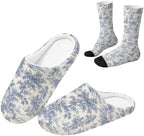 Toile de Jouy Fuzzy Slipper with Socks for Women Cozy Slipper Indoor by Baxinh