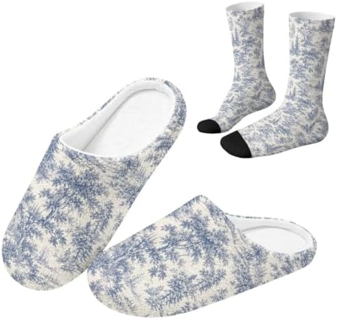Toile de Jouy Fuzzy Slipper with Socks for Women Cozy Slipper Indoor by Baxinh