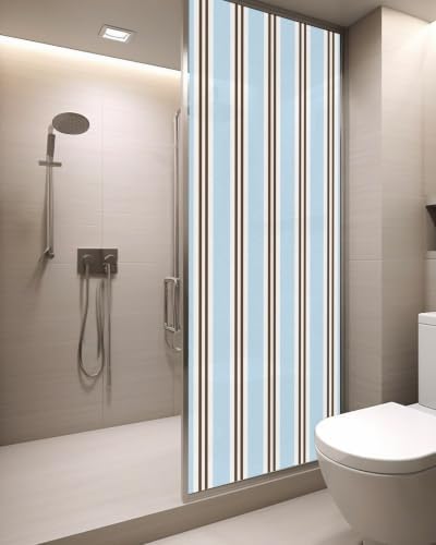 Window Privacy Film Frosted, Light Brown Blue Striped Static Cling Door Window Covering, Modern Farmhouse Vertical Stripes UV Blocking Windows Film for Office, Hotel, Bedroom, 29.5 x 78.7 Inches - Image 3