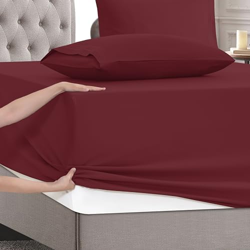 Mocassi King Size 4-Piece Bed Sheet Set - 1800 Premium Hotel Quality Microfiber 18-24 Inches Extra Deep Pocket Fitted Sheet- Luxury Soft, Breathable, Wrinkle, and Fade Resistant, Burgundy - Image 5